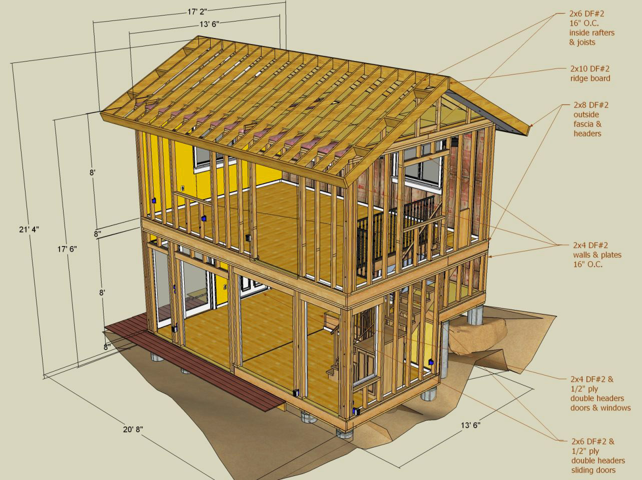 SketchUp Two Story Addition Model Framing SE Corner, With Dimensions